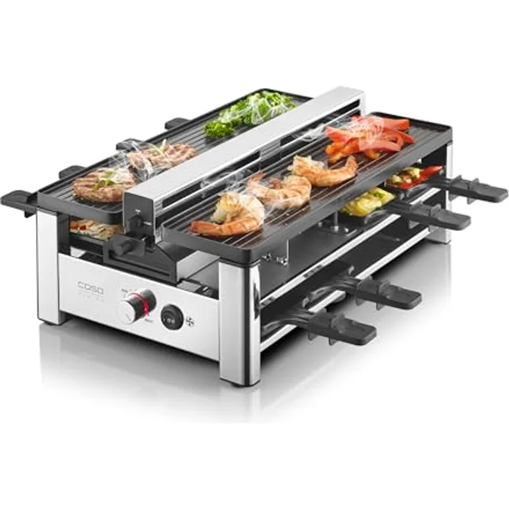 CASO Raclette AirClean, Raclettegrill mit Dunstabzug für 8 Personen, 1500 Watt, PFAS-freie Antihaft-Keramikbeschichtung, austauschbarer Geruchs- und Kohlefilter