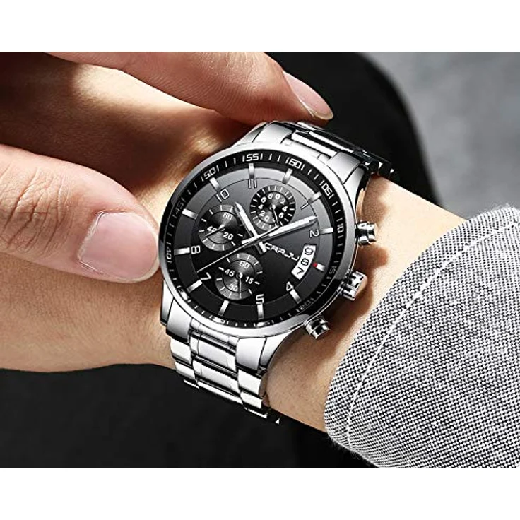 CRRJU Herren Chronograph Armbanduhr, wasserdicht, Edelstahlarmband, analoges Quarzwerk mit Kalender, Silber Schwarz – Bild 5