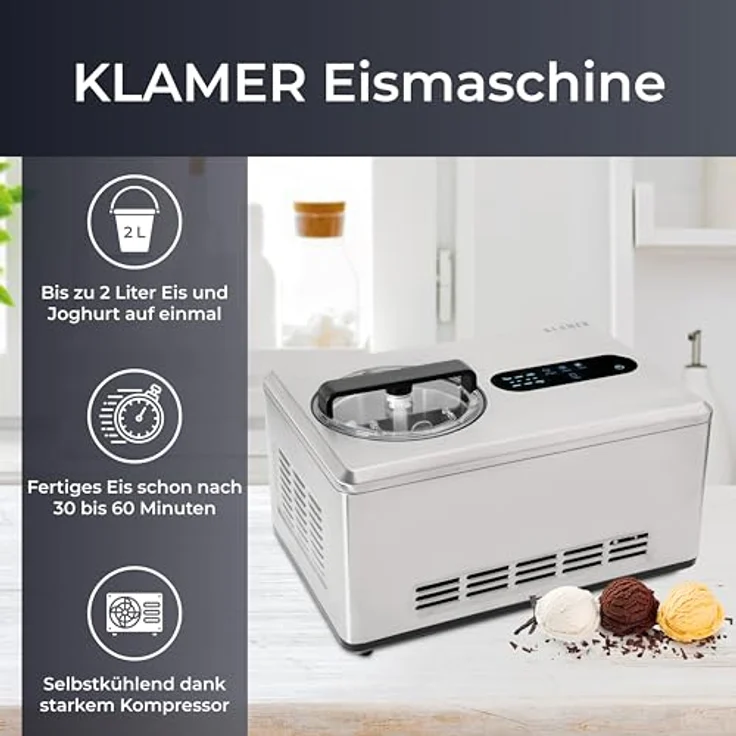 KLAMER 2-in-1 Eismaschine & Joghurtbereiter 2 L, 220 W, Edelstahl, selbstkühlender Kompressor, inkl. Konsistenzsteuerung – Bild 2