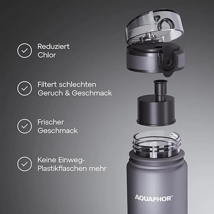 AQUAPHOR City Filterflasche 500ml Grau I Flasche mit Wasserfilter für unterwegs I Filter mit Aktivkohle I Filtert Chlor I Aus Tritan & BPA-frei I Für besseren Geschmack & Geruch des Wassers – Bild 3
