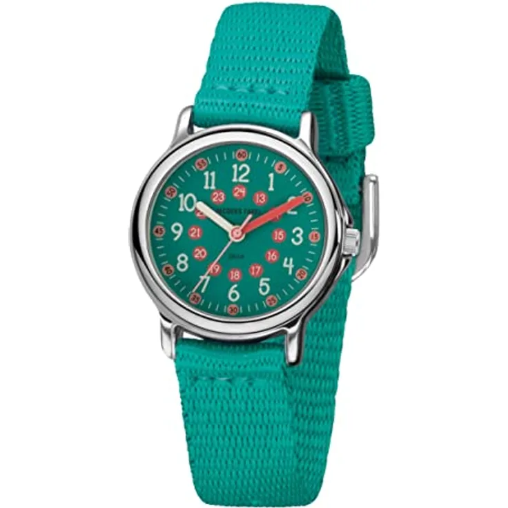 JACQUES FAREL Kinder-Armbanduhr Lernuhr Mädchen Türkis Analog Quarz mit extra weichem Textilband