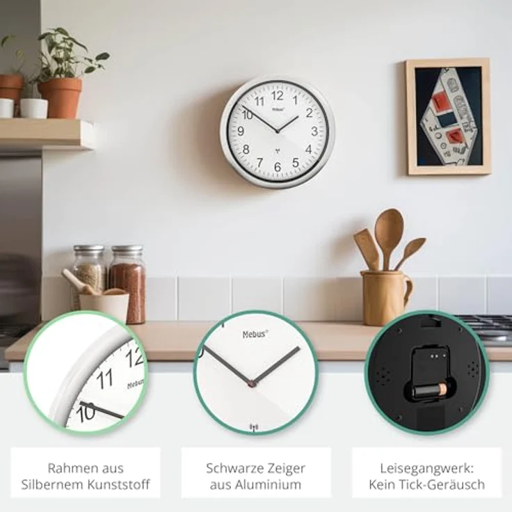 Mebus Wanduhr Funk Wanduhr (Schleichendes Uhrwerk, lautlos) - Silbernes Gehäuse, klassisches Design – Bild 3
