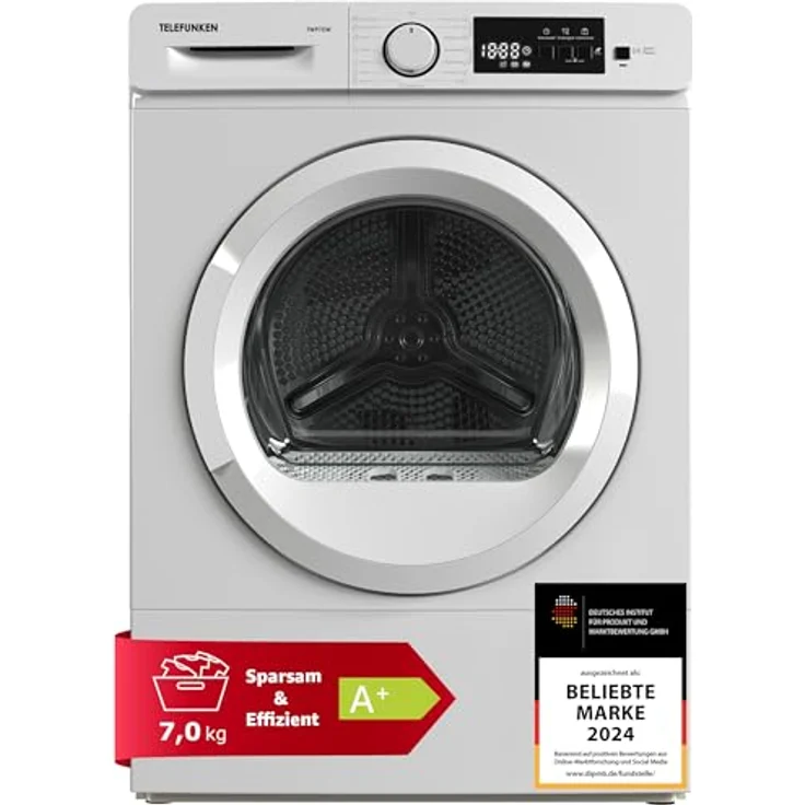 Telefunken TWP7EW, Wärmepumpentrockner für 7 kg Wäsche, Frontlader, A+ Energieeffizienz, 15 Programme, Knitterschutz, leise 64 dB, Trommelbeleuchtung – Bild 1