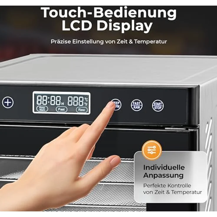 Balter Dörrautomat DA-109, Edelstahl Dörrgerät mit 10 Fächern, 700W, 8400 cm² Dörrfläche, 35°- 75 °C, Timer bis 48 Std, Warmhaltefunktion, inkl. Rezeptbuch – Bild 3