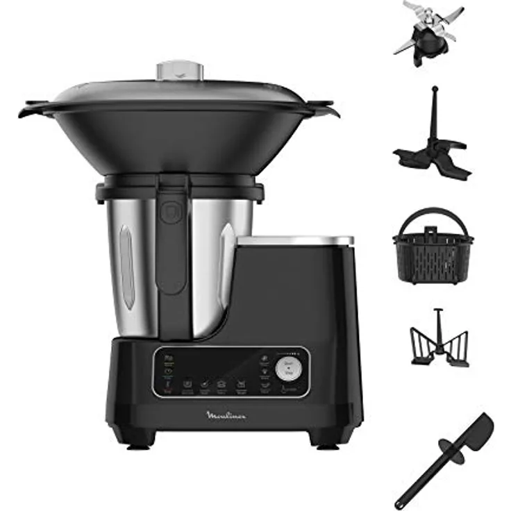 Moulinex HF4568 Click Chef Küchenmaschine mit Kochfunktion | 1400 Watt | 12 Geschwindigkeitsstufen | Gesamtvolumen 3,6 Liter | 28 Funktionen | inkl. Zubehör und Rezeptheft | Farbe Schwarz