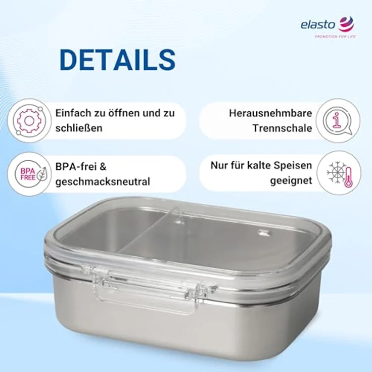 elasto Edelstahl Brotdose 'Storage', 1000 ml mit Trennwand und Tier-Motiv für Kinder, ideal für Schule und Kindergarten – Bild 2