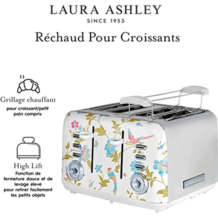 VQ Laura Ashley 4-Scheiben-Toaster, Vintage Edelstahl-Toaster mit 7 einstellbaren Wärmeinstellungen und Croissant-Aufsatz, China Rose – Bild 5
