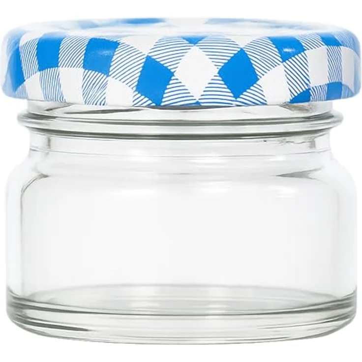 hocz 12x Mini Marmeladengläser 30 ml, mit blau karierten Schraubdeckeln, luftdicht und spülmaschinenfest, Set für Marmelade und Einmachbedarf – Bild 4