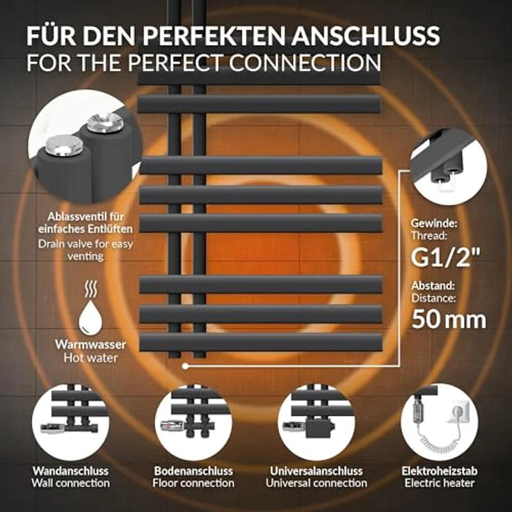 LuxeBath Badheizkörper IronEM 500x1200mm, Anthrazit, mit Heizstab 1200W Digitalthermostat und Handtuchhalterfunktion – Bild 5