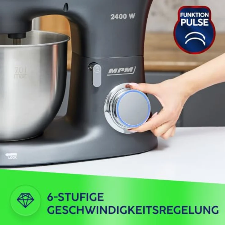 MPM MRK-23, planetarischer Küchenroboter mit 2 Edelstahlschüsseln (je 7 l, grau), 2400 W, 6 Geschwindigkeitsstufen – Bild 5