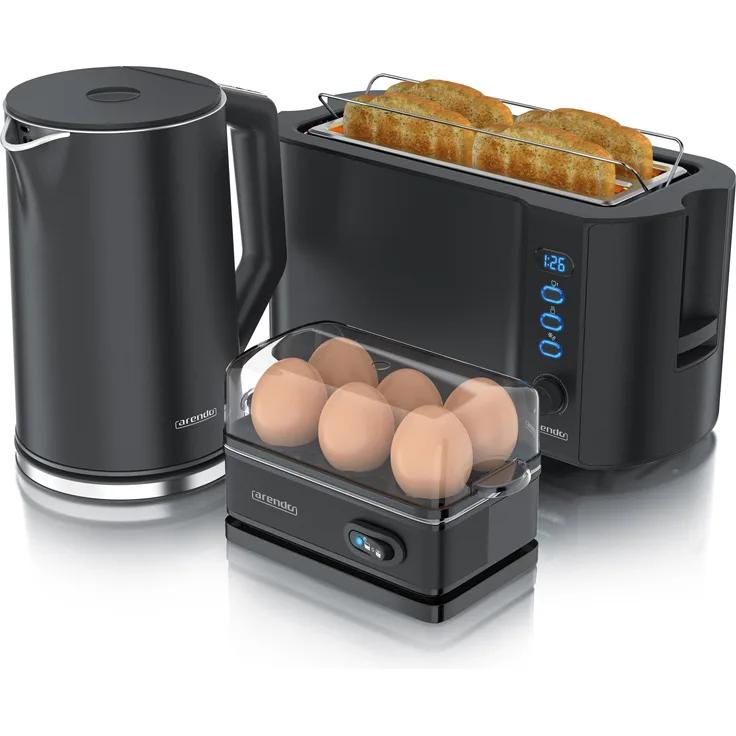Arendo Frühstücks Set Wasserkocher 1,5l Temperaturwahl, 4-Scheiben Toaster & Eierkocher für 6 Eier, Schwarz, Toaster, Schwarz