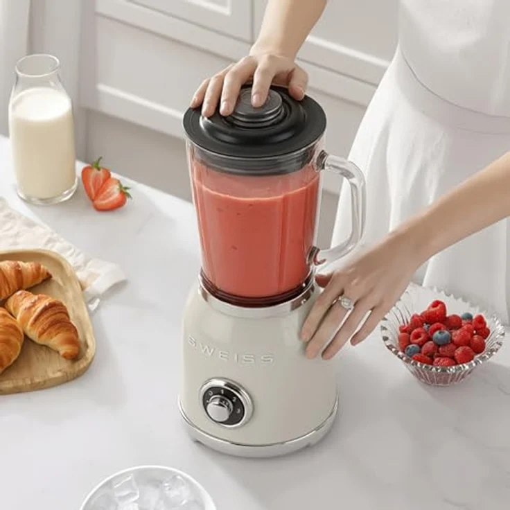 SWEISS Blender Smoothie Vintage MXV8, 1000 W, 2 Geschwindigkeiten, Pulsfunktion, 6 Edelstahlklingen, 1,5-L-Glasbehälter, rutschfeste Füße, Sicherheitsverschluss, Beige – Bild 2