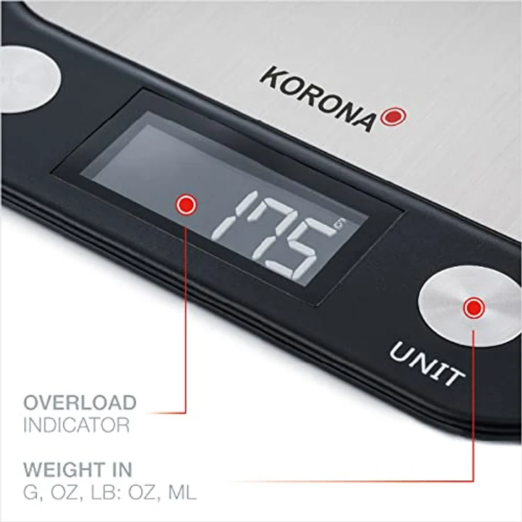 Korona Lea 70250 Küchenwaage, max. Tragkraft 5kg, Zuwiegefunktion, inkl. Batterien, Abschaltautomatik, silber – Bild 4