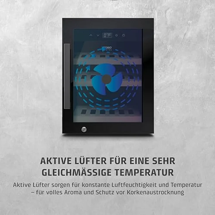 Caso WineExclusive 12, Weinkühlschrank für 12 Flaschen, 1 Zone, 5–20 °C, Kompressor, abschließbar, UV-Glasscheibe, Holzregale, Touch-Bedienung, LED-Innenbeleuchtung, leise – Bild 5