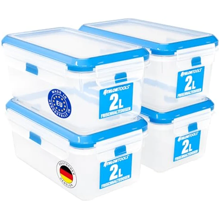 ATHLON TOOLS 4x 2L Frischhaltedosen-Set, Gastro-Qualität, 100% luftdicht, BPA-frei, auslaufsicher, -40 bis +100 Grad, spülmaschinen- und mikrowellenfest, transparent – Bild 1