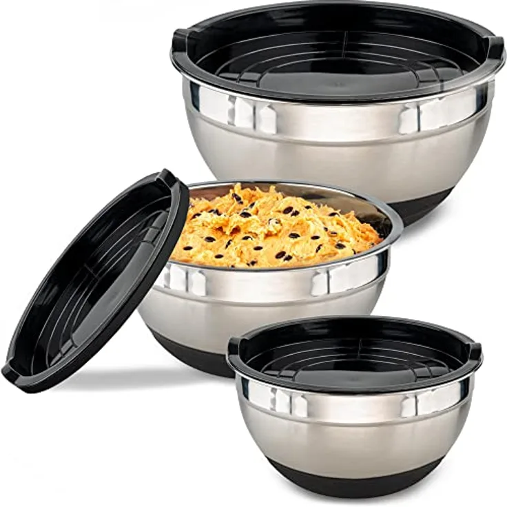 Praknu 3 Edelstahl Schüssel Mit Deckel Set - Rutschfeste Rührschüssel Groß - Luftdicht - Mit Messskala - Platzsparend - Ideal zum Mischen