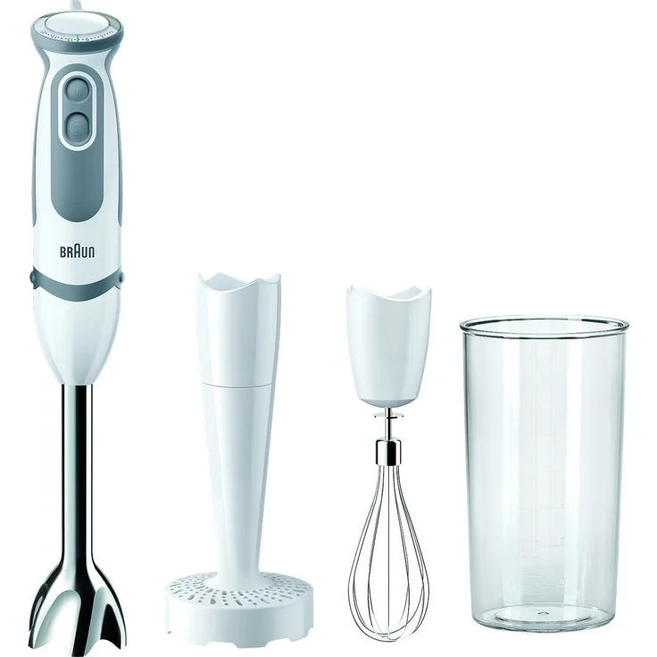 Braun MQ5207WH 5V MultiQuick Stabmixer,1000W, 21 Geschwindigkeiten, POWERBell Plus, EasyClick, SPLASHControl, inkl. Schneebesen, Messbecher, Gemüsestampfer, weiß-grau – Bild 1