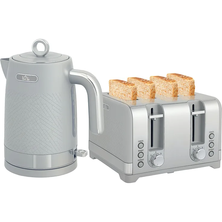 HOMCOM Wasserkocher Toaster Set, 1,7L Wasserkocher 2200W und 4-Scheiben Toaster in Mattgrau mit polierten Akzenten