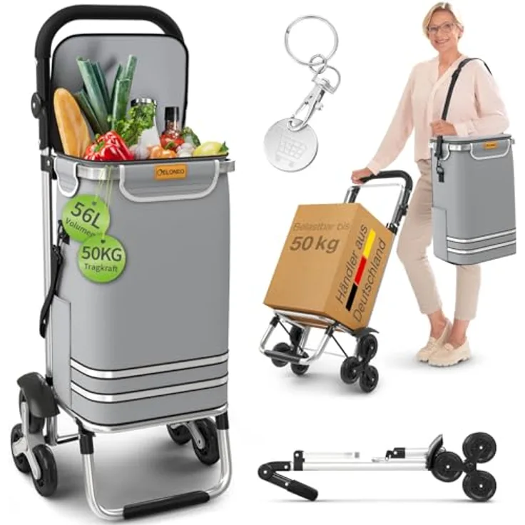 ELONEO Einkaufstrolley Treppensteiger mit Kühlfach, klappbar, höhenverstellbar, 43 L abnehmbare Tasche, Grau