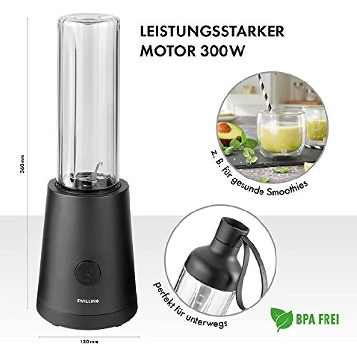 ZWILLING Standmixer, Smoothie Maker, Inkl. Trinkflasche mit Verschluss, 600 ml, 300 Watt, Edelstahl-Kunststoff, Schwarz – Bild 2