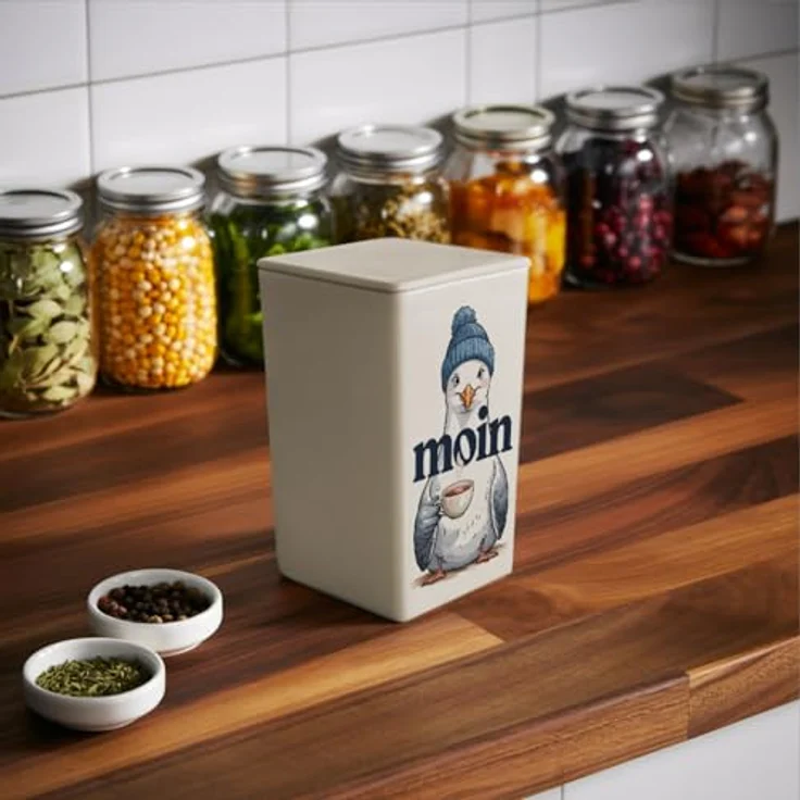 speecheese Möwe trinkt Friesentee Teedose 900ml, maritimes Design mit blau-weiß gestreifter Mütze und Schriftzug "MOIN" – Bild 5