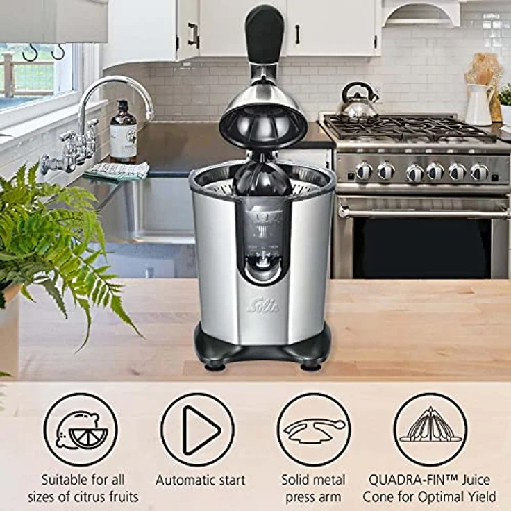 Solis Elektrische Zitruspresse- Entsafter, Einfache Startautomatik, Leiser Motor, 160 Watt, Edelstahl, Citrus Juicer (Typ 8453) – Bild 3