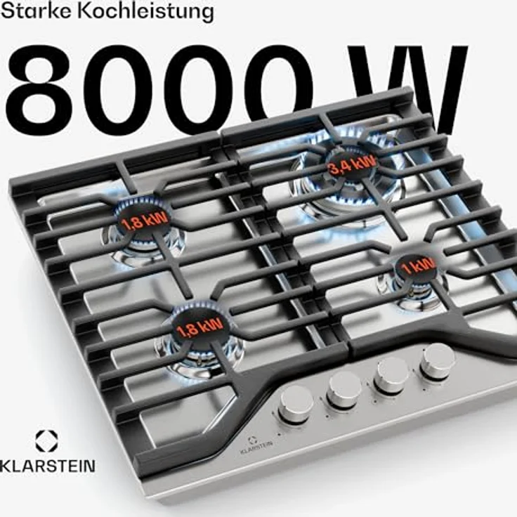 Klarstein Turbocast Gaskochfeld - 4-Brenner Edelstahl, 3,4 kW Wokbrenner, Gusseiserne Halter, Elektrische Zündung, Sicherheitsabschaltung, LPG-Umrüstsatz, Gasherd Für Flexibles Kochen – Bild 3