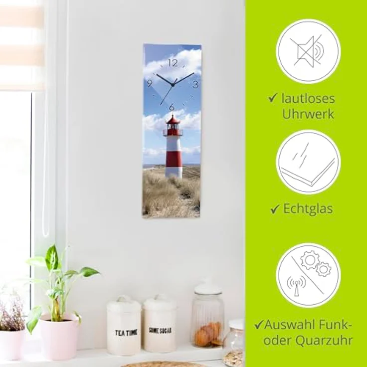 ARTLAND Wanduhr ohne Tickgeräusche Glas Quarzuhr 20x60 cm Rechteckig Lautlos Strand Meer Leuchtturm Urlaub Sylt Maritim T9ML – Bild 2