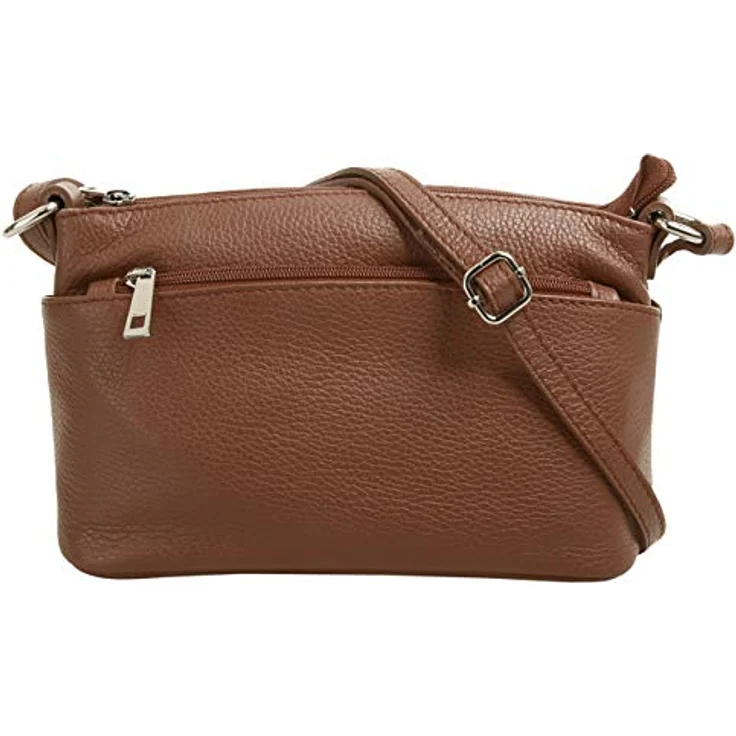 Cluty Umhängetasche, echt Leder, Made in Italy, 15 cm x 27 cm, mit 5 Reißverschlussfächern und verstellbarem Schultergurt – Bild 1