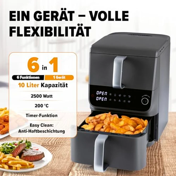 GOURMETmaxx FryUp Doppelkammer Heißluftfritteuse MultiSize 10 L, vertikaler Airfryer mit 2 Kammergrößen, 10 Programme & LED-Touchdisplay – Bild 2