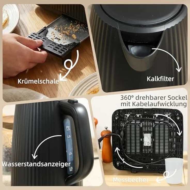 HOMCOM Wasserkocher-Toaster-Eierkocher Set, 1,7L Wasserkocher, 4-Scheiben Toaster in Schwarz mit Sicherheitsfunktionen und Signalton-Timer – Bild 9