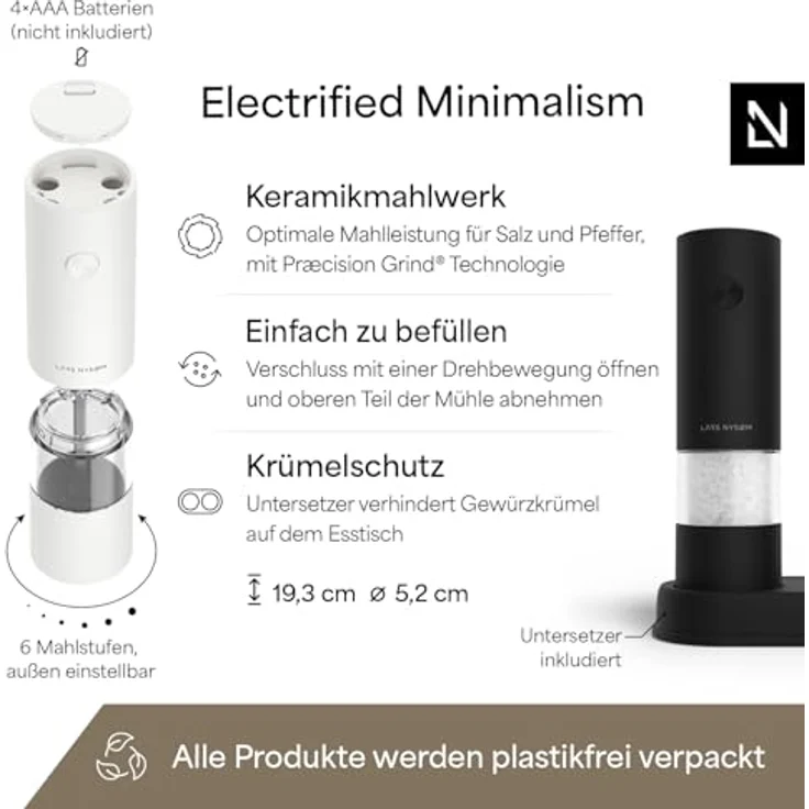 LARS NYSØM Gewürzmühle Kryd, elektrisches Set mit stufenlosem Keramikmahlwerk und Untersetzer, 2 Stück – Bild 4
