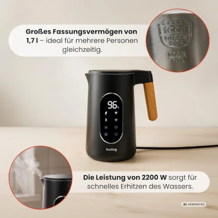 Huslog HUS1049 Wasserkocher, 1,7L mit Touch-Panel und Holzgriff, 2200W, modernen Design – Bild 2