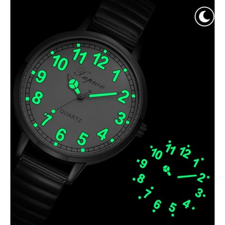 JewelryWe Damenuhr Elastische Uhr für Senioren, Schwarz Analog Quarz mit großem Zifferblatt und Edelstahl Stretcharmband – Bild 3