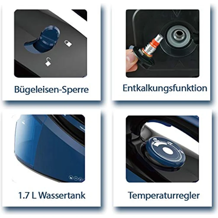 Tristan Auron Dampfbügelstation Superfast, 2800W, 6.5bar, 420g/Min, 1,7L Wassertank, Sicherheitsabschaltung, vertikales Bügeln, blau – Bild 6