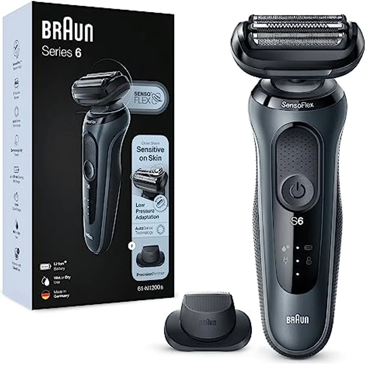 Braun Series 6 Rasierer Herren mit EasyClick Aufsatz, Elektrorasierer & Präzisionstrimmer, SensoFlex, Wet & Dry, wiederaufladbar & kabellos, Geschenk Mann, 61-N1200s, grau – Bild 1