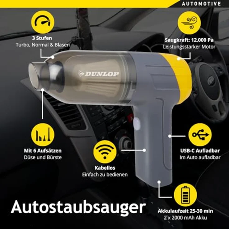 Dunlop Akku Handstaubsauger, Kabellos 36W mit 12000Pa Saugleistung, 5 Aufsätzen und Blasfunktion – USB-C wiederaufladbar, Grau/Gelb – Bild 2