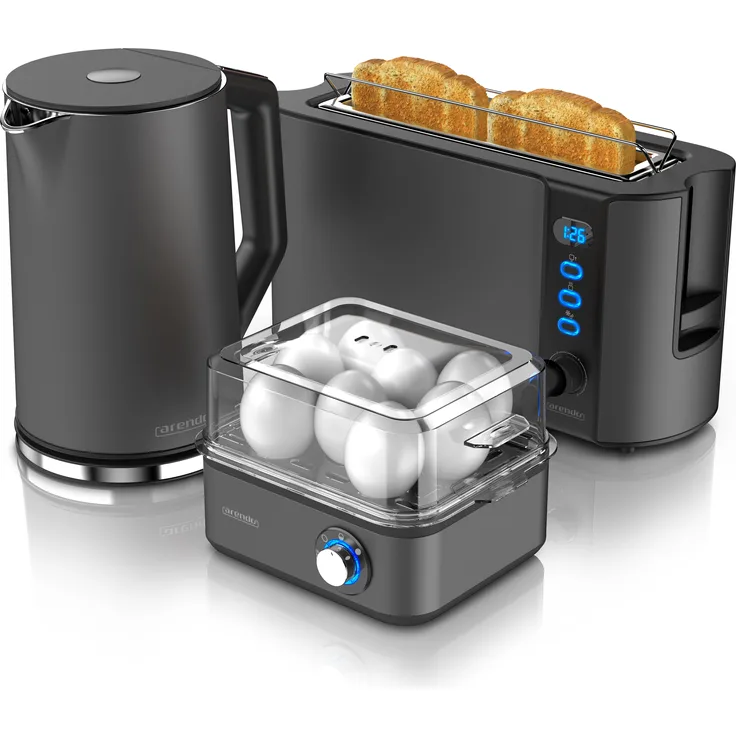 Arendo Frühstücks-Set in grau - Langschlitztoaster 1000W, Wasserkocher Elegant 1,5L mit Temperaturwahl, Eierkocher Eightcook