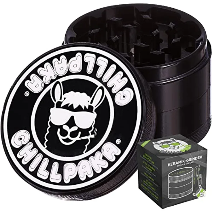 CHILLPAKA® Premium Keramik Grinder Crusher | ø63mm groß Schwarz | messerscharfe Kräutermühle mit haftfreier Keramikbeschichtung | inkl. Pollenschaber + Pinsel