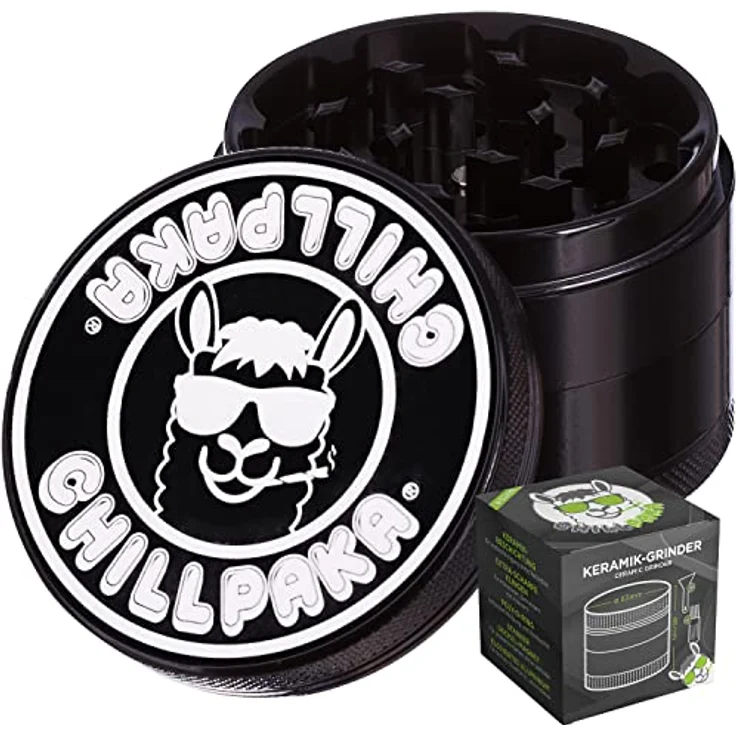 CHILLPAKA® Premium Keramik Grinder Crusher | ø63mm groß Schwarz | messerscharfe Kräutermühle mit haftfreier Keramikbeschichtung | inkl. Pollenschaber + Pinsel – Bild 1