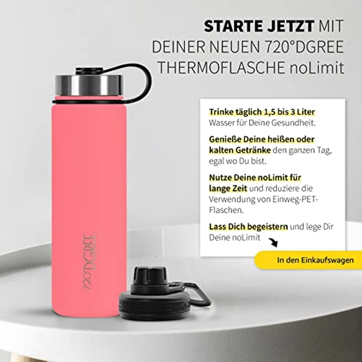 720 DGREE Trinkflasche Edelstahl 530ml Thermo mit gratis Sportdeckel noLimit koralle – Bild 6