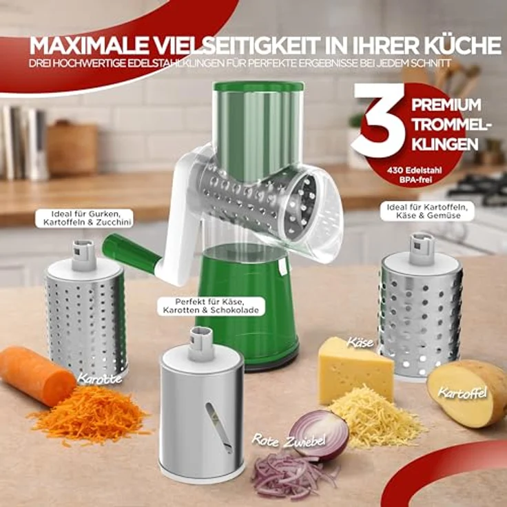 BI International Gemüseschneider mit Kurbel, Trommelreibe mit 3 Edelstahl-Klingen, stabiler Saugfuß und Lebensmittelschieber – Bild 2