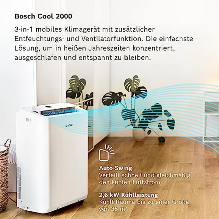 Bosch Cool 2000 Mobiles Klimagerät - 3-in-1: Klimagerät, Luftentfeuchter, Ventilator - 2,6kW Kühlleistung für Räume bis zu 35m² - Auto-Modus, Silent-Modus & Sleep-Modus (46 db(A)) [Energieklasse A] – Bild 2