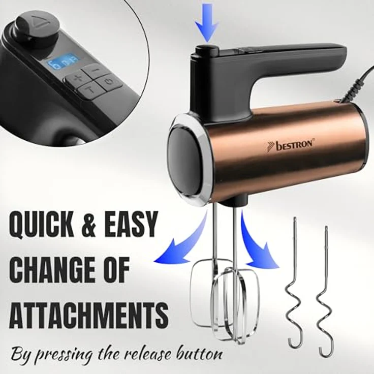 Bestron Power Handmixer AHMD100CO, 400W mit 6 Geschwindigkeitsstufen, Turbo-Funktion & LCD-Display, inkl. 2 Schneebesen & 2 Knethaken, leichtgewichtig, Farbe: Kupfer – Bild 4