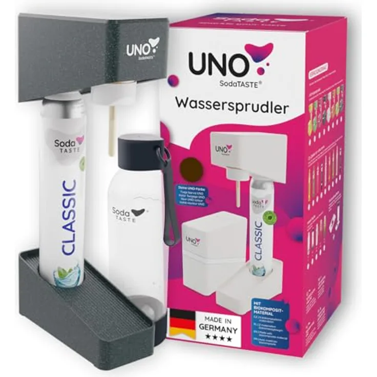 SodaTASTE UNO Wassersprudler, modular & ohne Strom, kompatibel mit CO₂-Zylindern mit Standard-Schraubgewinde, inkl. 1L-Wasserflasche, CO₂-Zylinder (Classic) & schwarzem Flaschentrockner