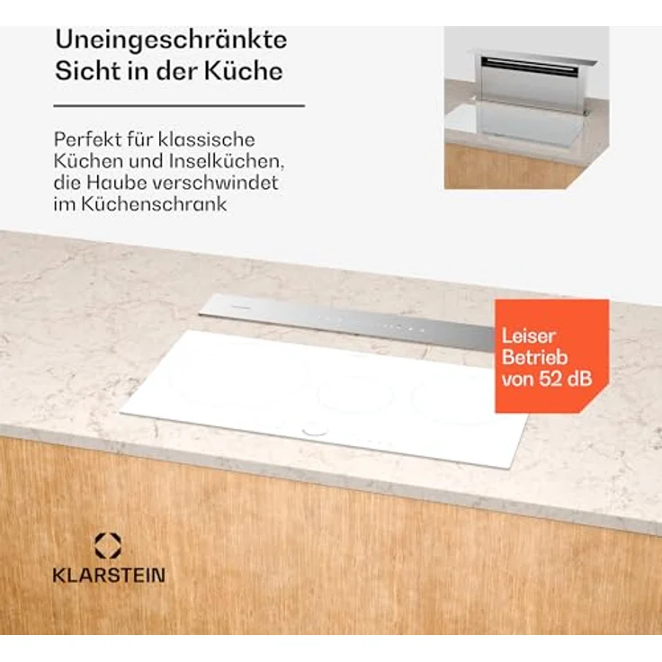 Klarstein Royal Flush 75 Downdraft Dunstabzugshaube, A++, 604 m³/h, Touch-Bedienfeld, LED-Licht, Edelstahl, leise mit 52 dB, ideal für Kücheninseln – Bild 3