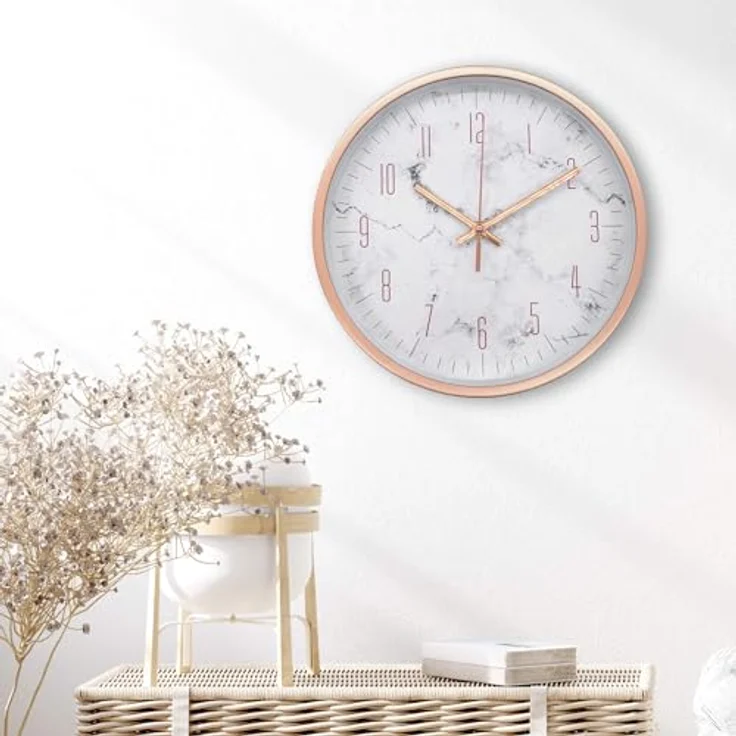 K&L Wall Art Wanduhr ohne Tickgeräusche Marmor Roségold Ø 25cm, lautloses Quarz Uhrwerk – Bild 2