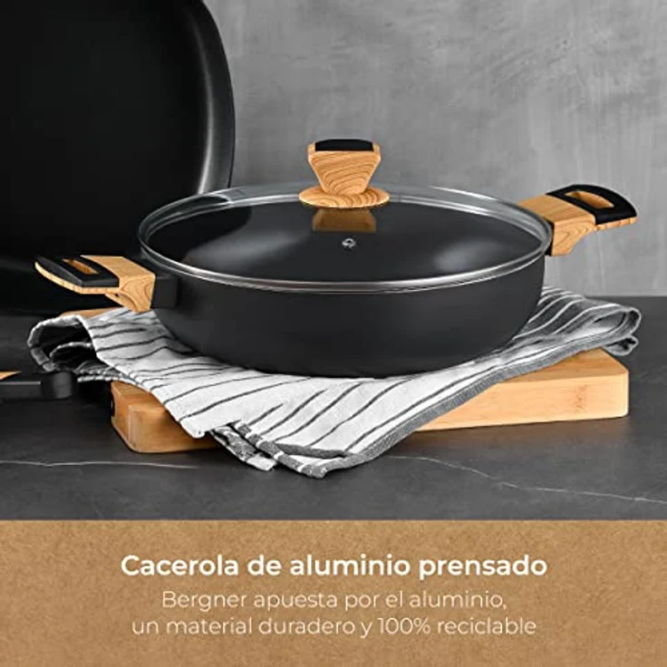 BERGNER Earth | Kochtopf | Niedrige Stielkasserolle 28 cm mit Deckel | Farbe Grau | Aus Gepresstem Aluminium mit Ergonomischen Holzgriffen | Küchenzubehör | Geeignet für alle Herdarten – Bild 4