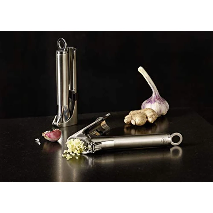 Rösle Knoblauchpresse, Edelstahl 18-10, 18 cm, Klappbares Sieb, für frischen Ingwer und Knoblauch (Ungeschält, geschält), Profiqualität, spülmaschinengeeignet – Bild 2