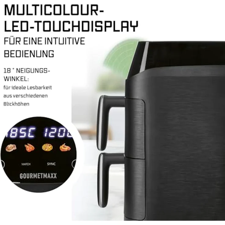 GOURMETmaxx FryUp XS, Vertikale Doppelkammer Heißluftfritteuse mit 5 L Volumen, MultiColour-LED-Touchdisplay, 6 One-touch-Programme – Bild 3